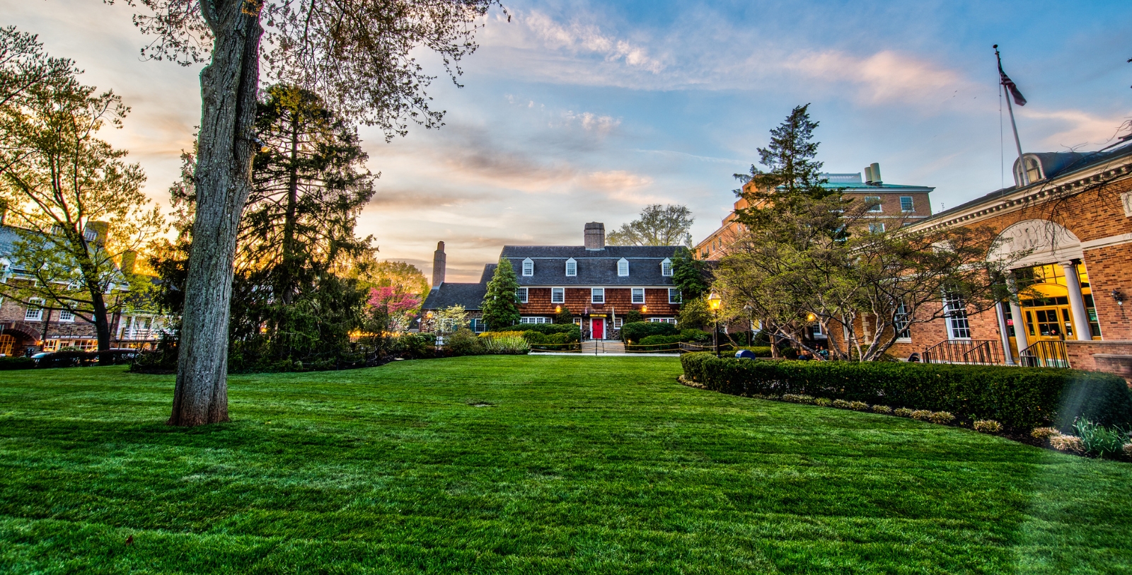 a large lawn with trees and a building in the background