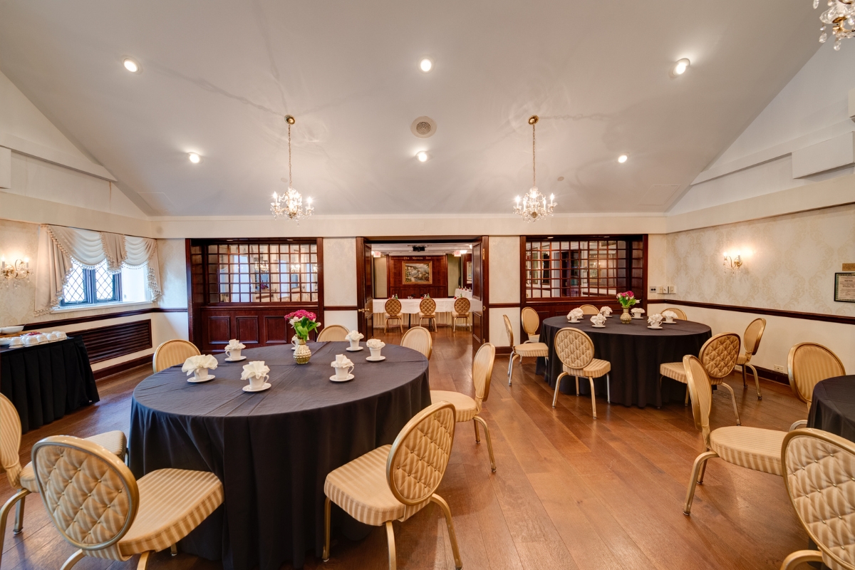 a room with tables and chairs