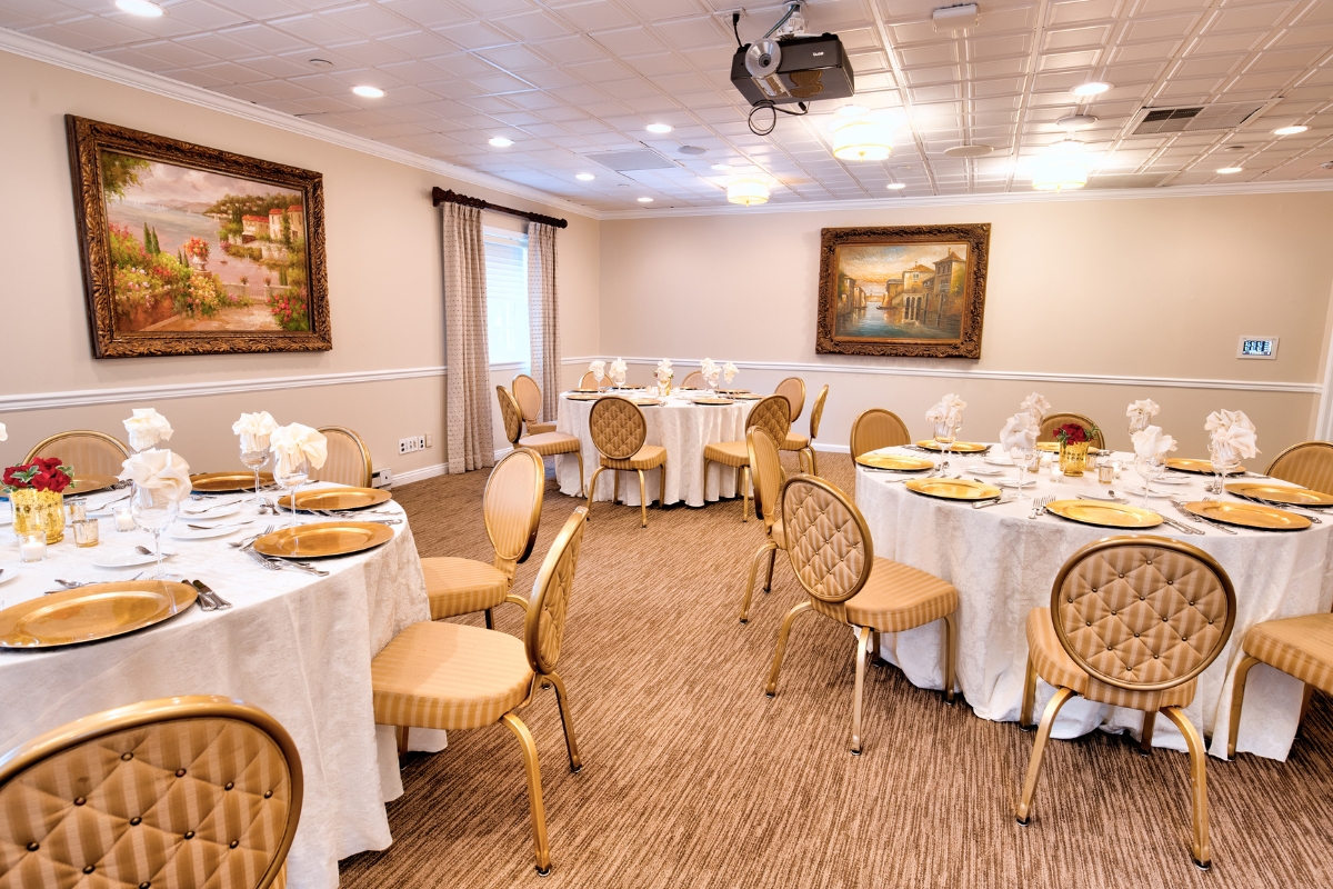 a room with tables and chairs