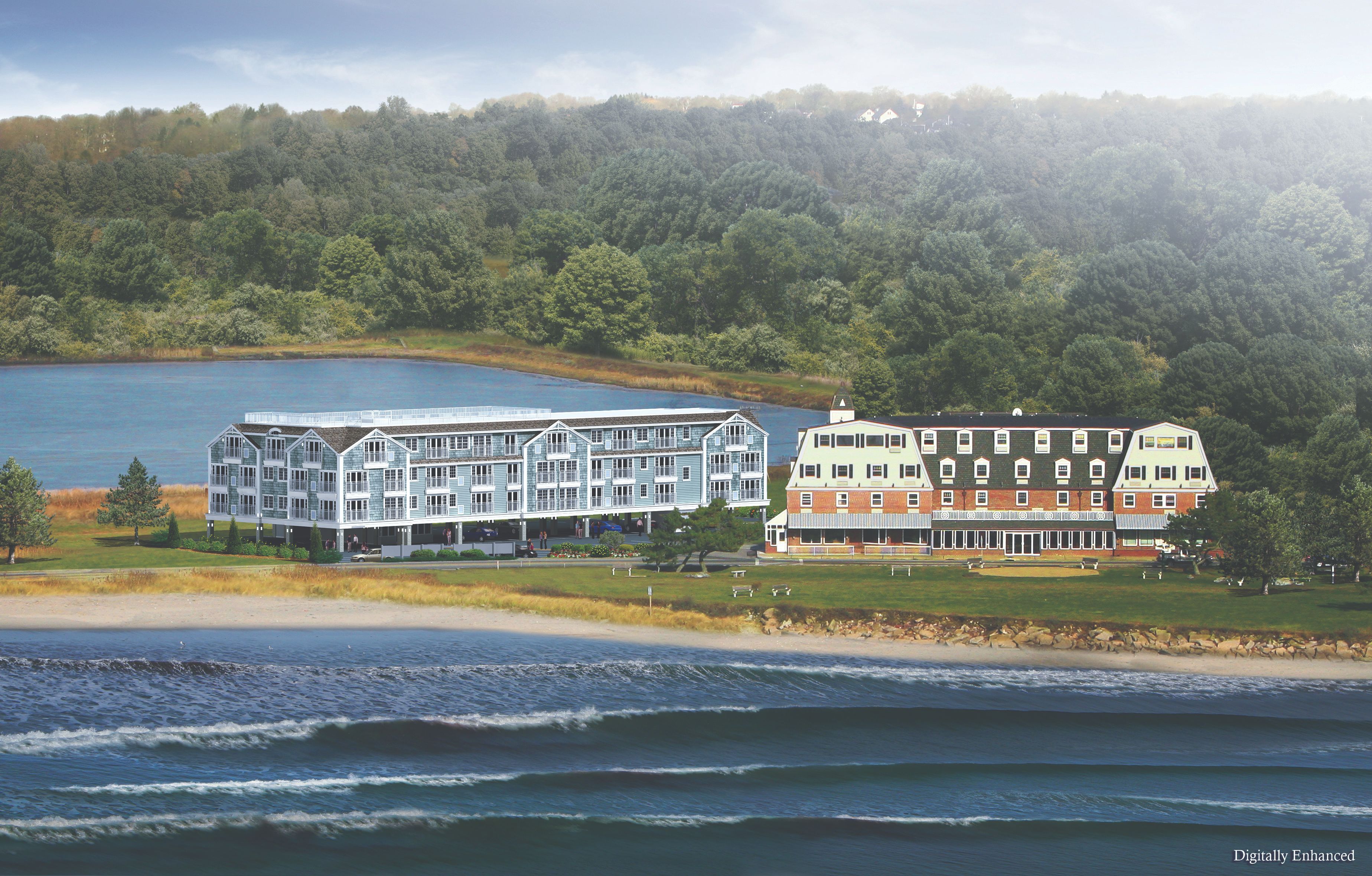 a large building next to a body of water
