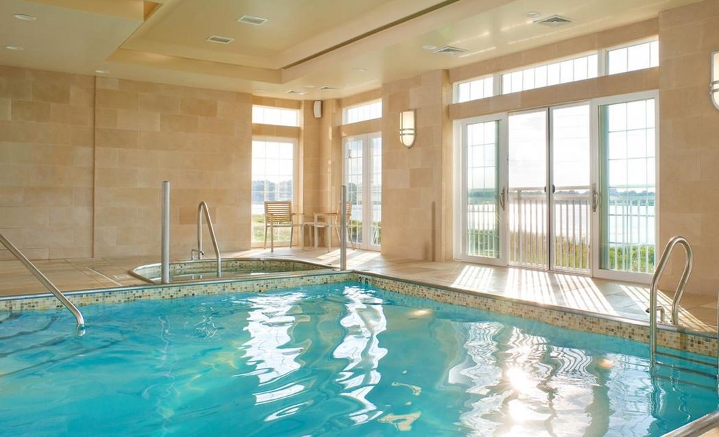 a swimming pool inside a building