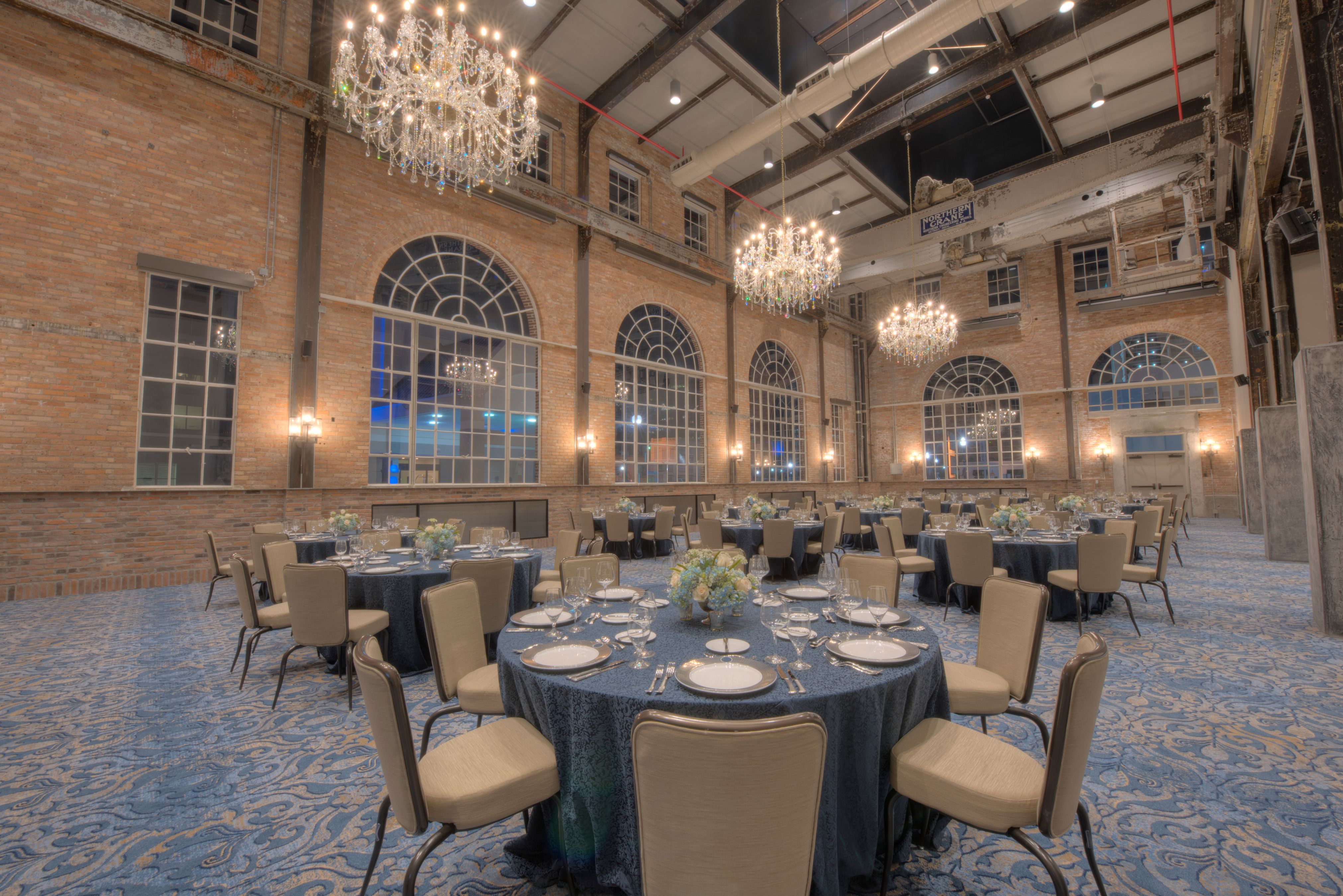 a large room with tables and chairs
