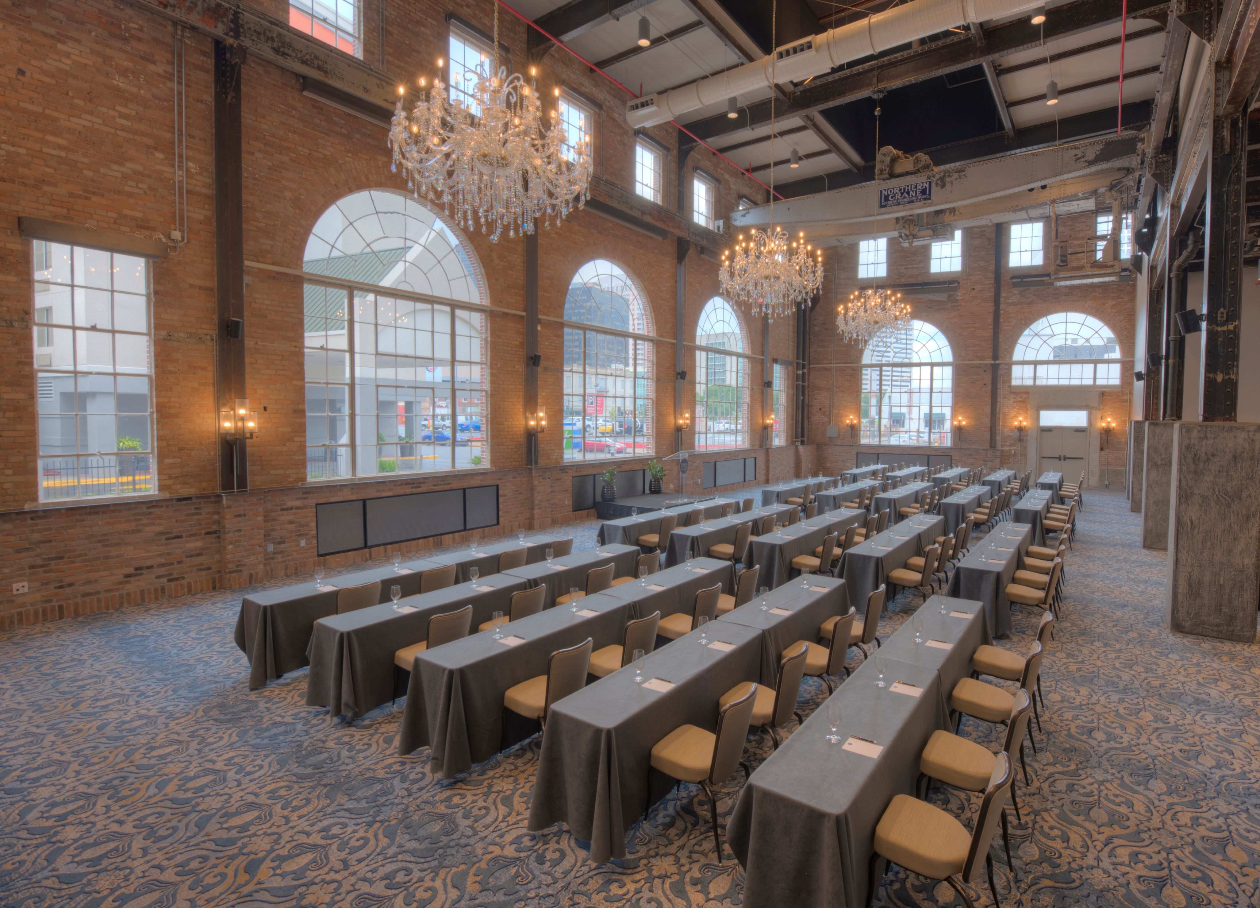 a large room with tables and chairs