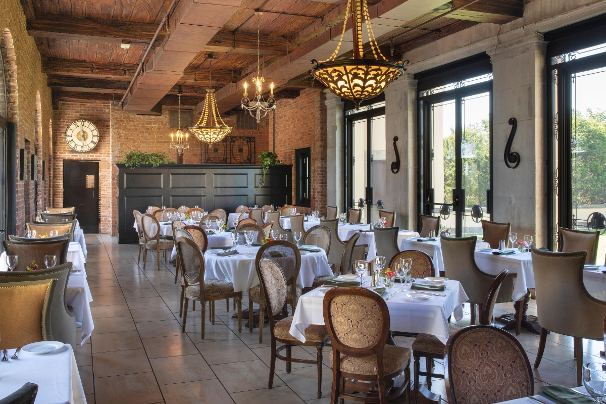 a room with tables and chairs
