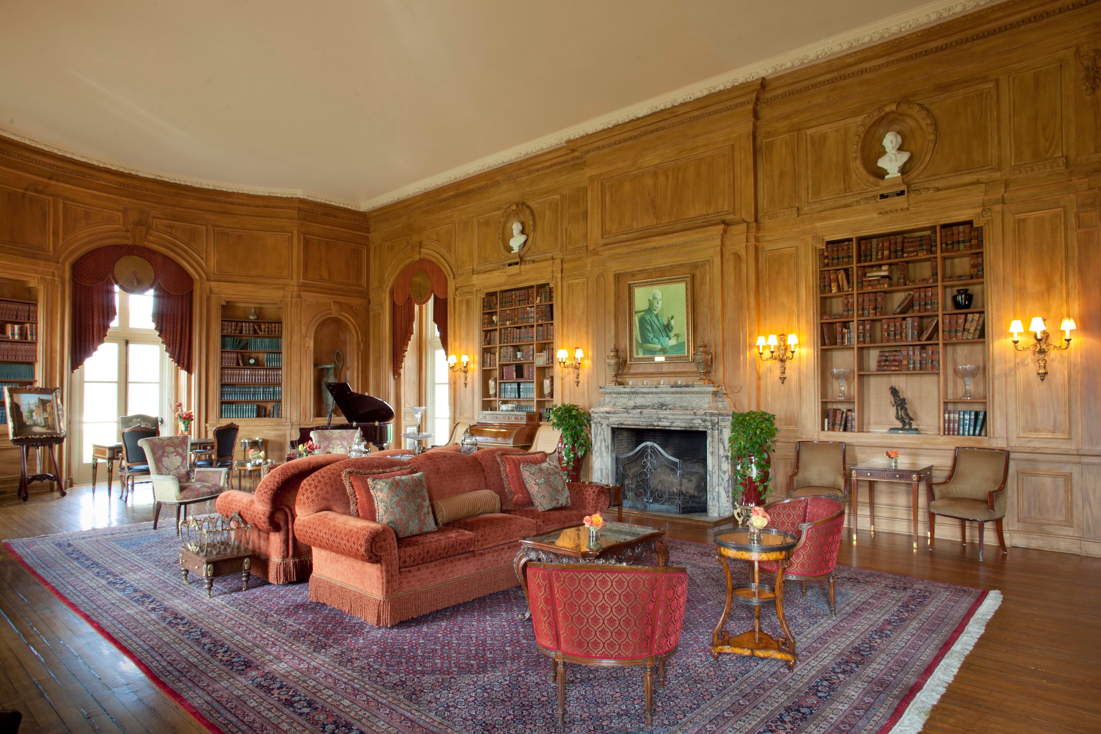 a room with a fireplace and furniture
