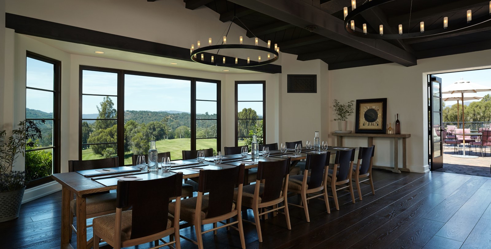 a large room with a large table and chairs