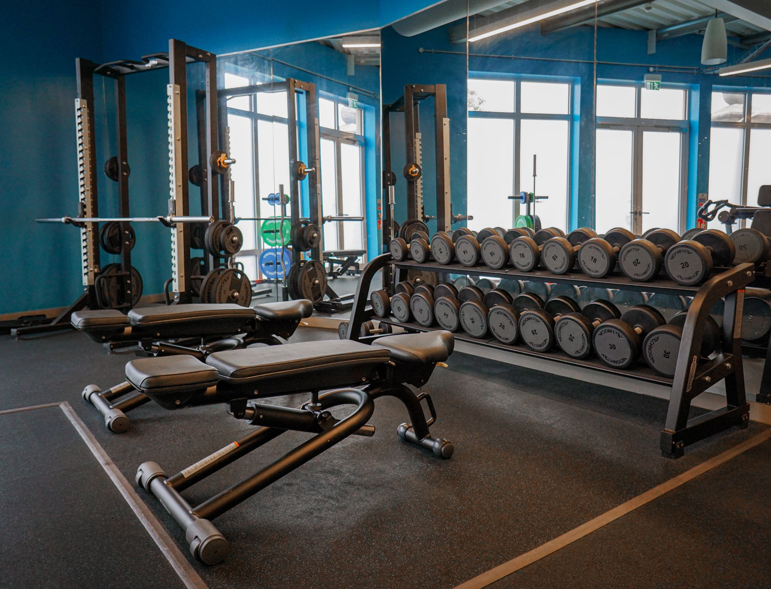 a gym with weights and a bench