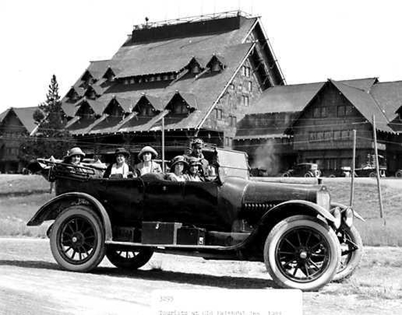 historical image of exterior with historic automobile old faithful inn yellowstone national park wyoming_high