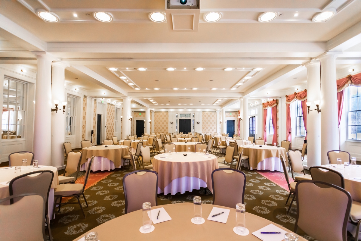 a room with tables and chairs