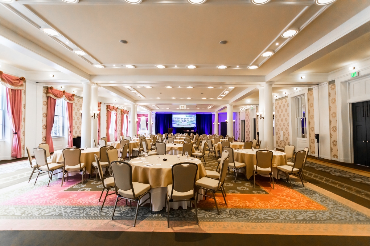 a room with tables and chairs