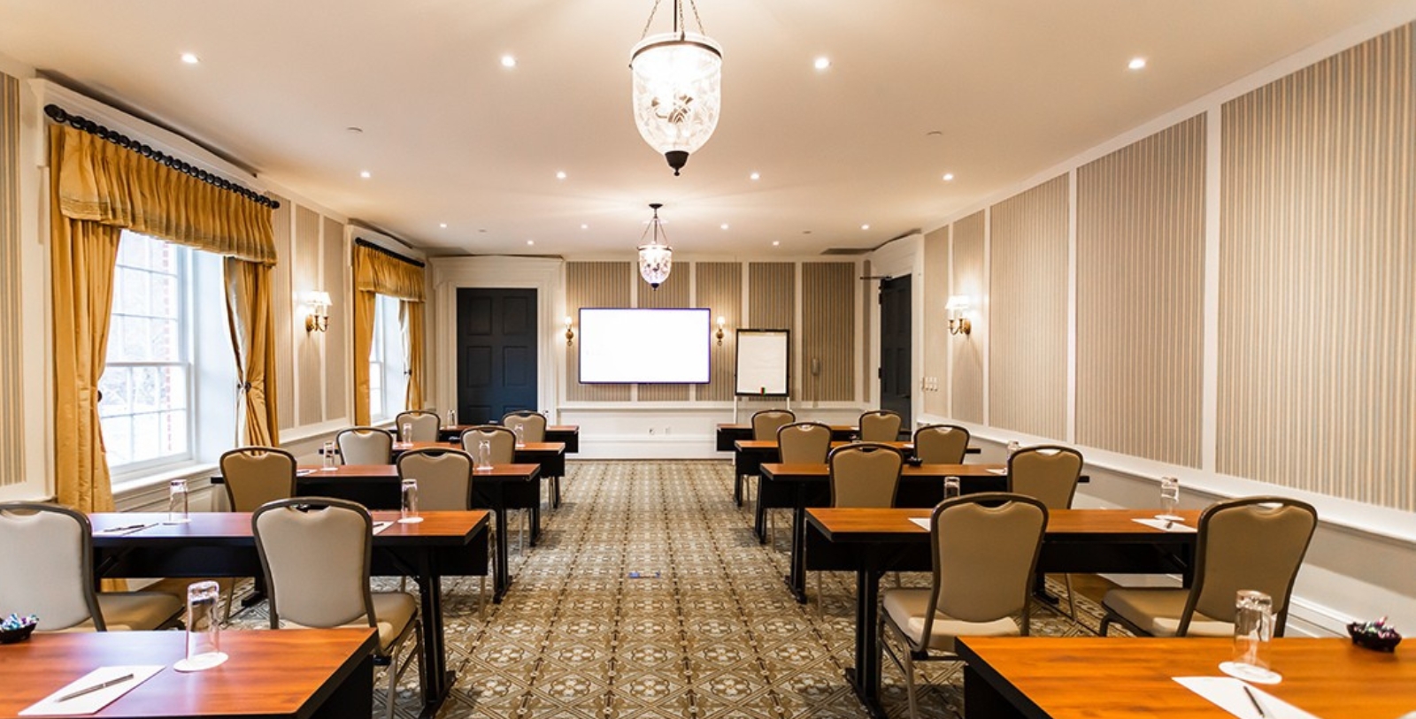 a room with tables and chairs
