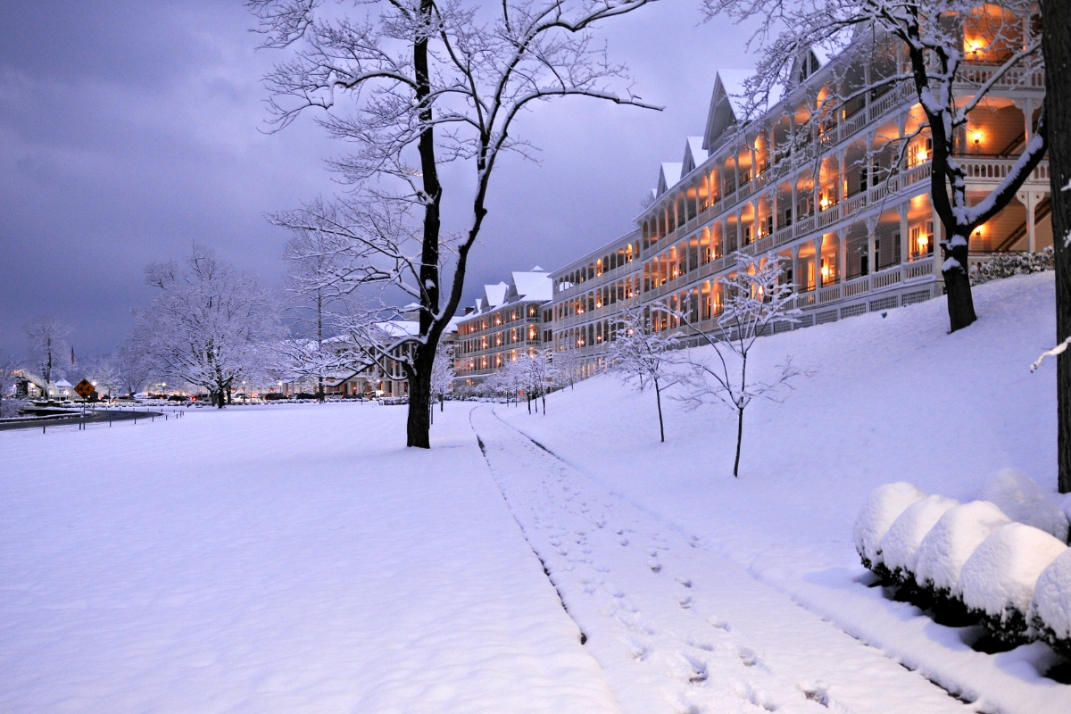 a snow covered ground with a building and trees