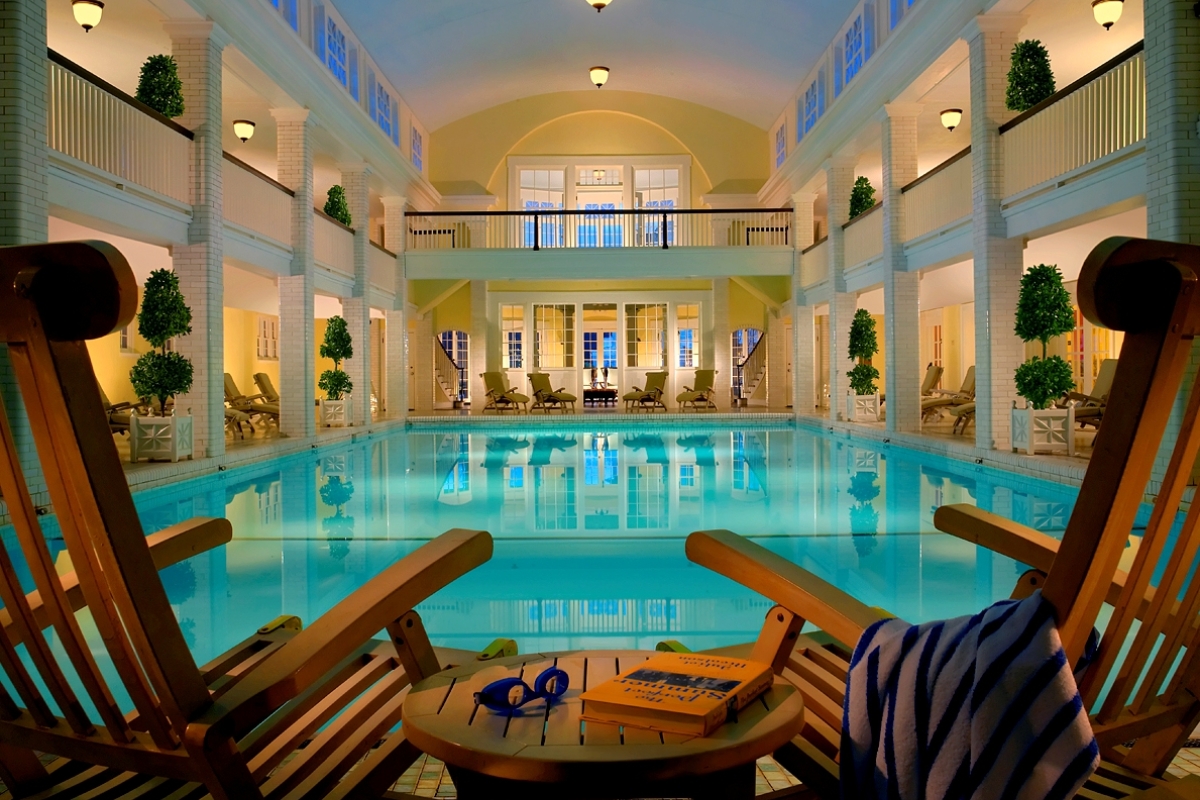 a swimming pool inside a building