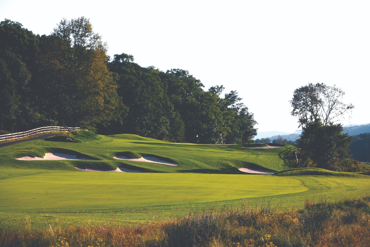 a golf course with trees in the background
