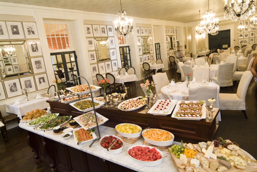 a buffet table full of food