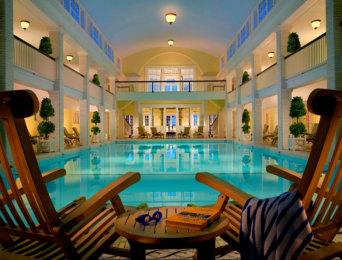 a swimming pool inside a building