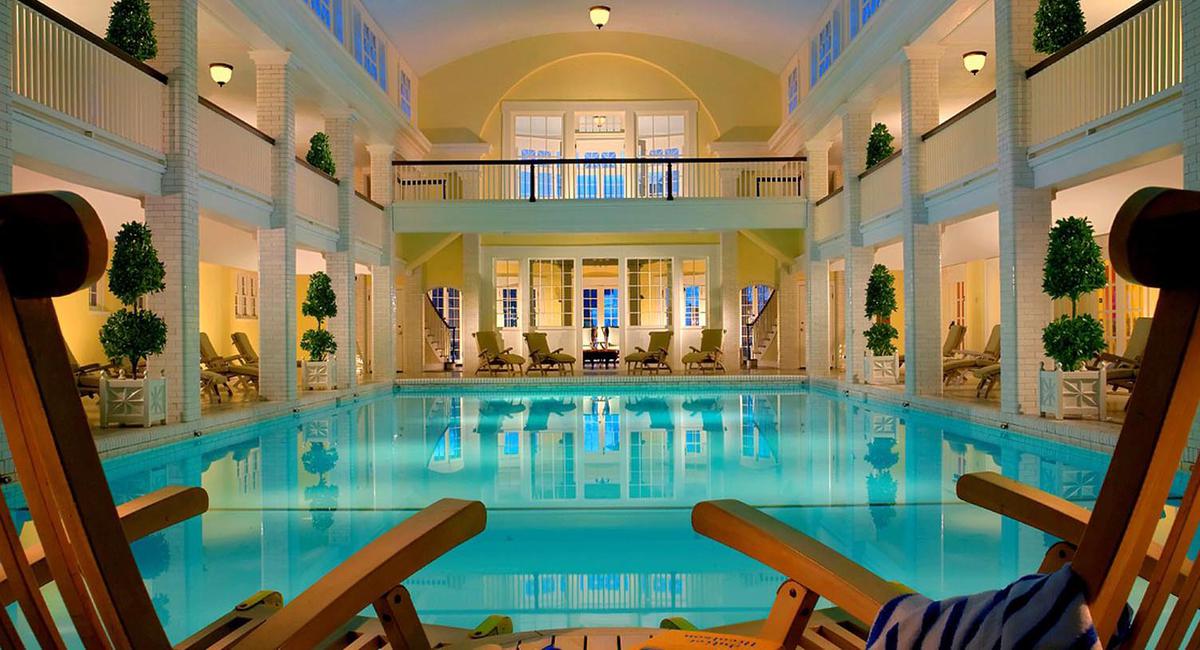 a swimming pool inside a building