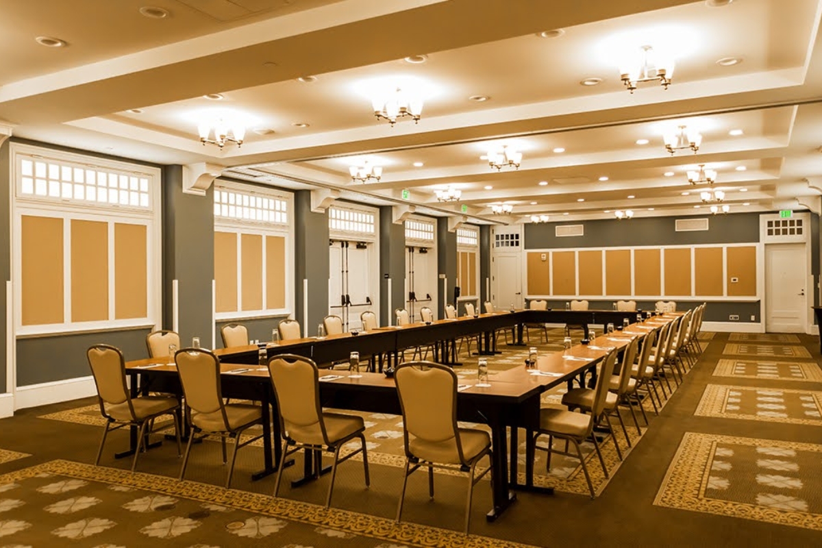 a room with tables and chairs