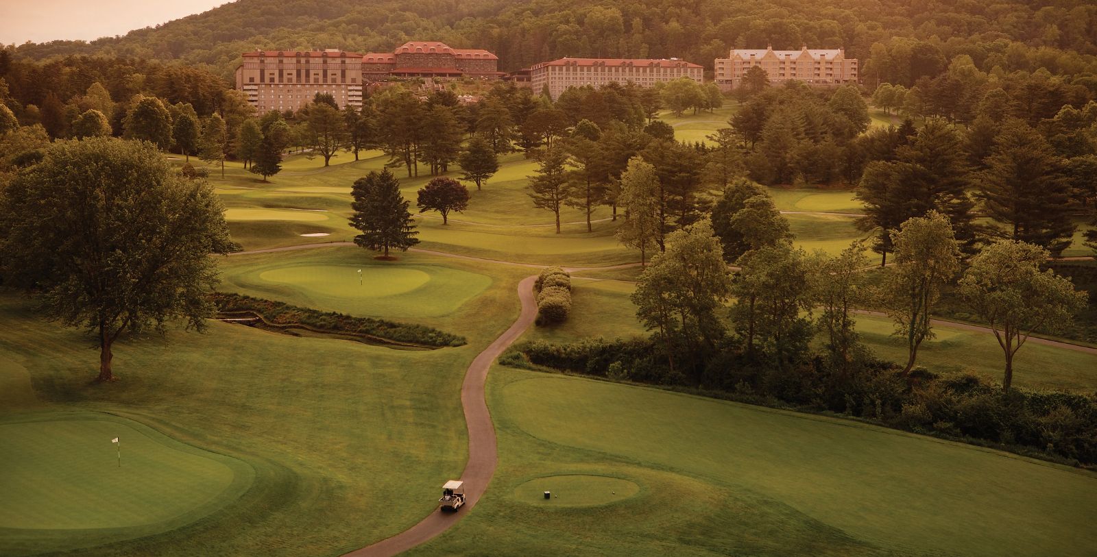 a golf course with trees and buildings