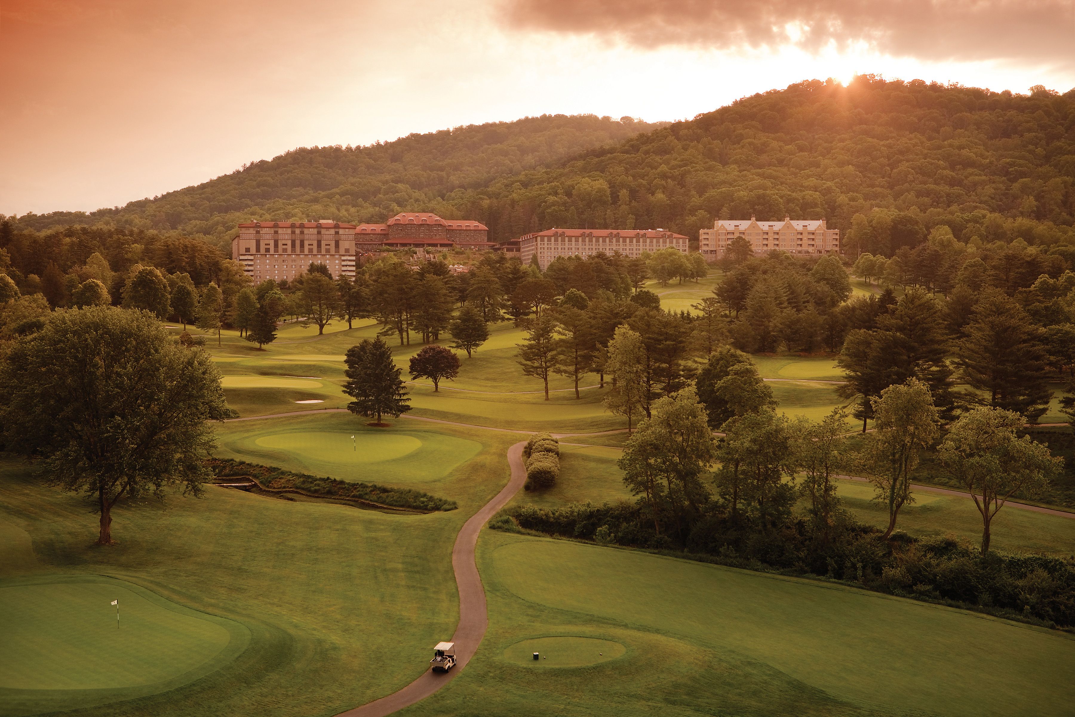 a golf course with a road and trees