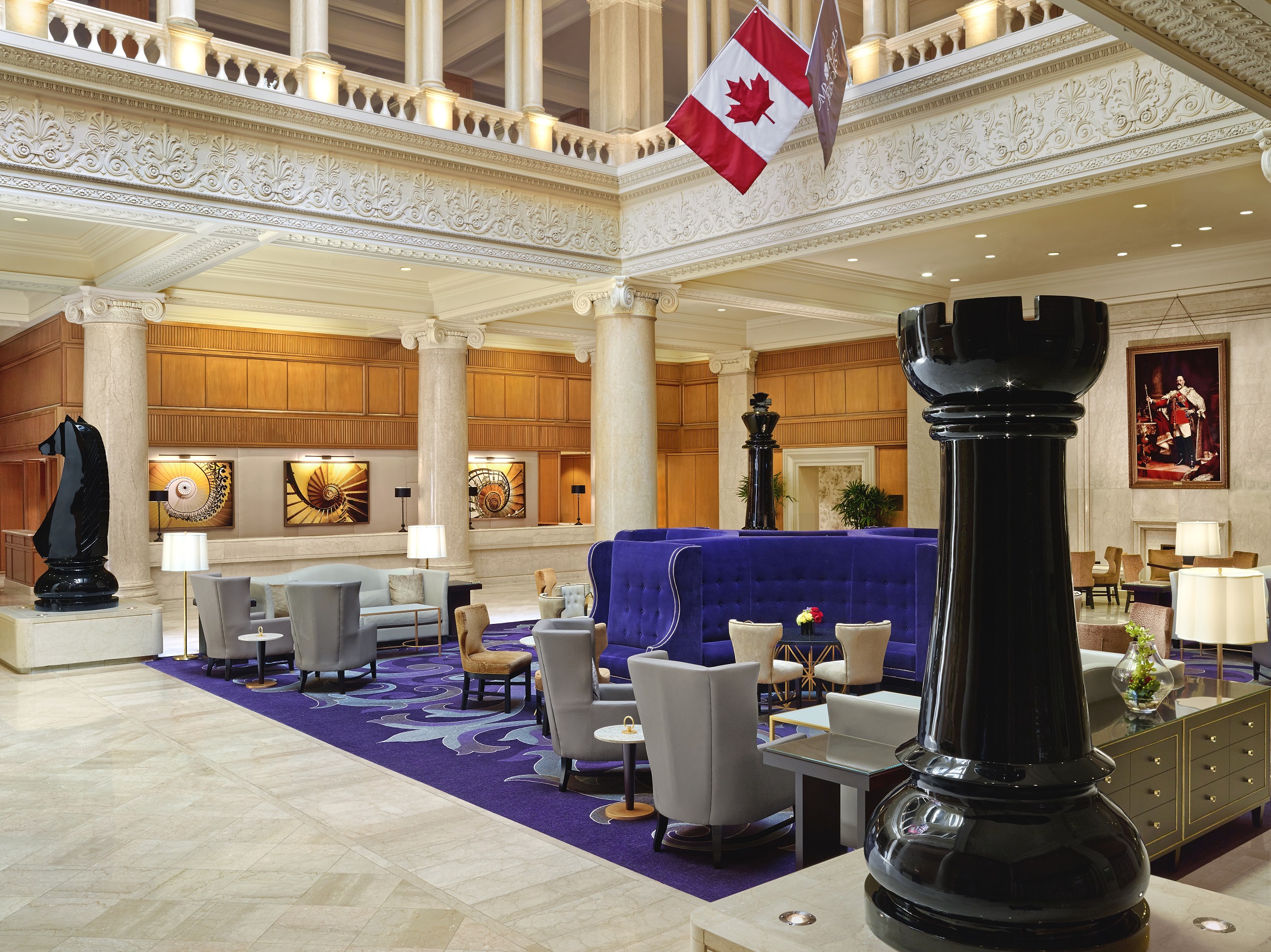a large room with a flag in the middle