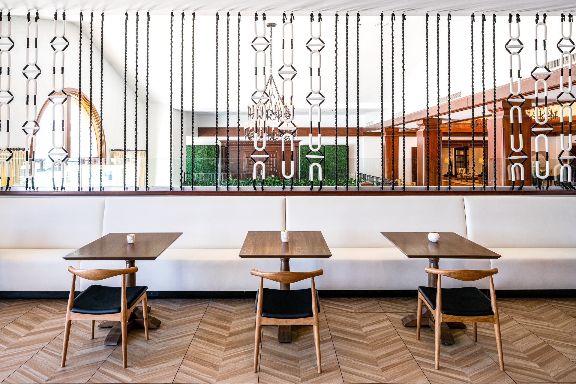 a room with tables and chairs