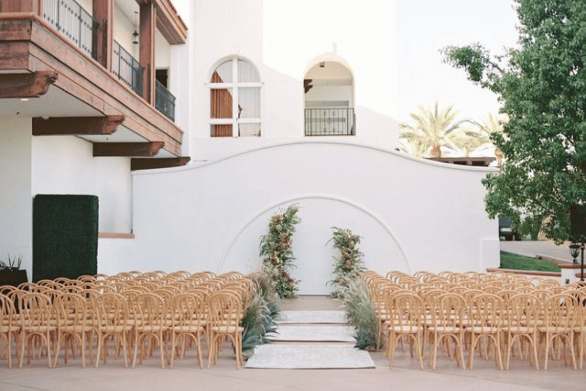 a group of chairs in a courtyard