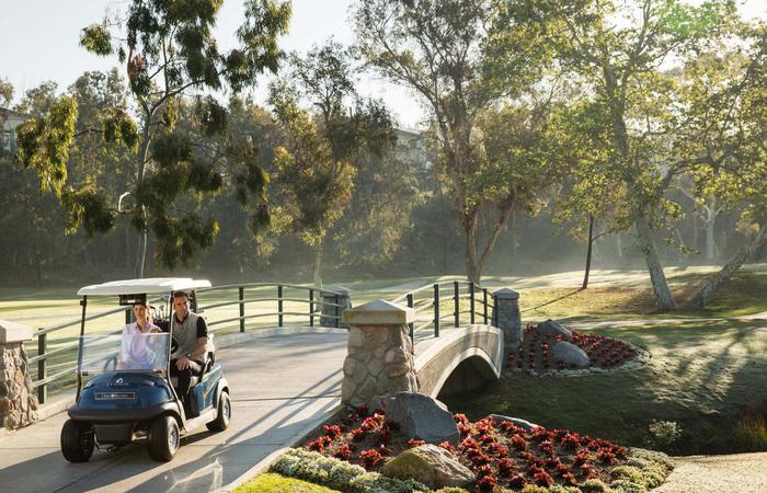 a group of people driving a golf cart
