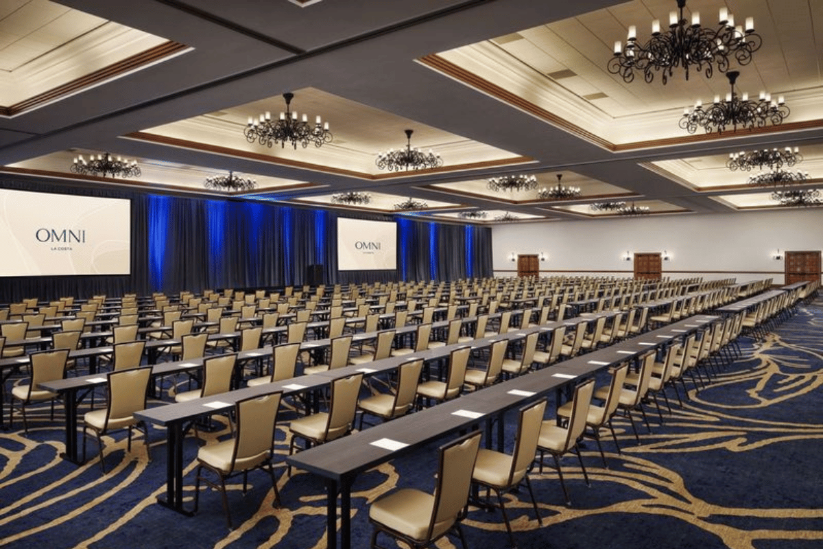a large room with tables and chairs