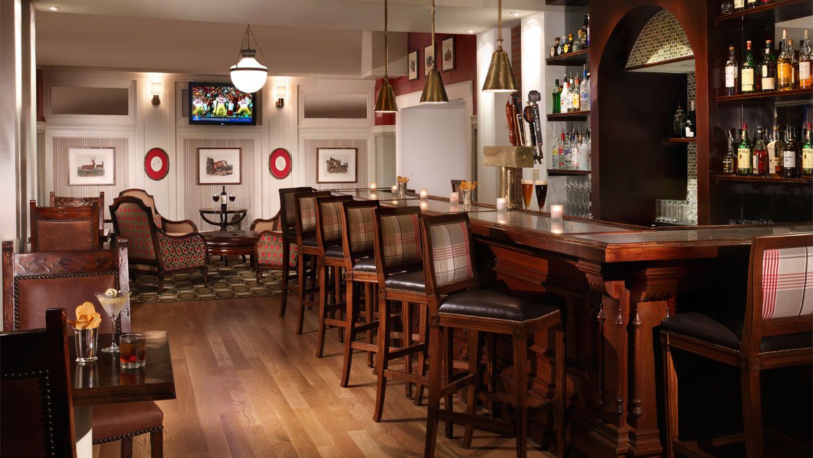 a bar with chairs and a tv