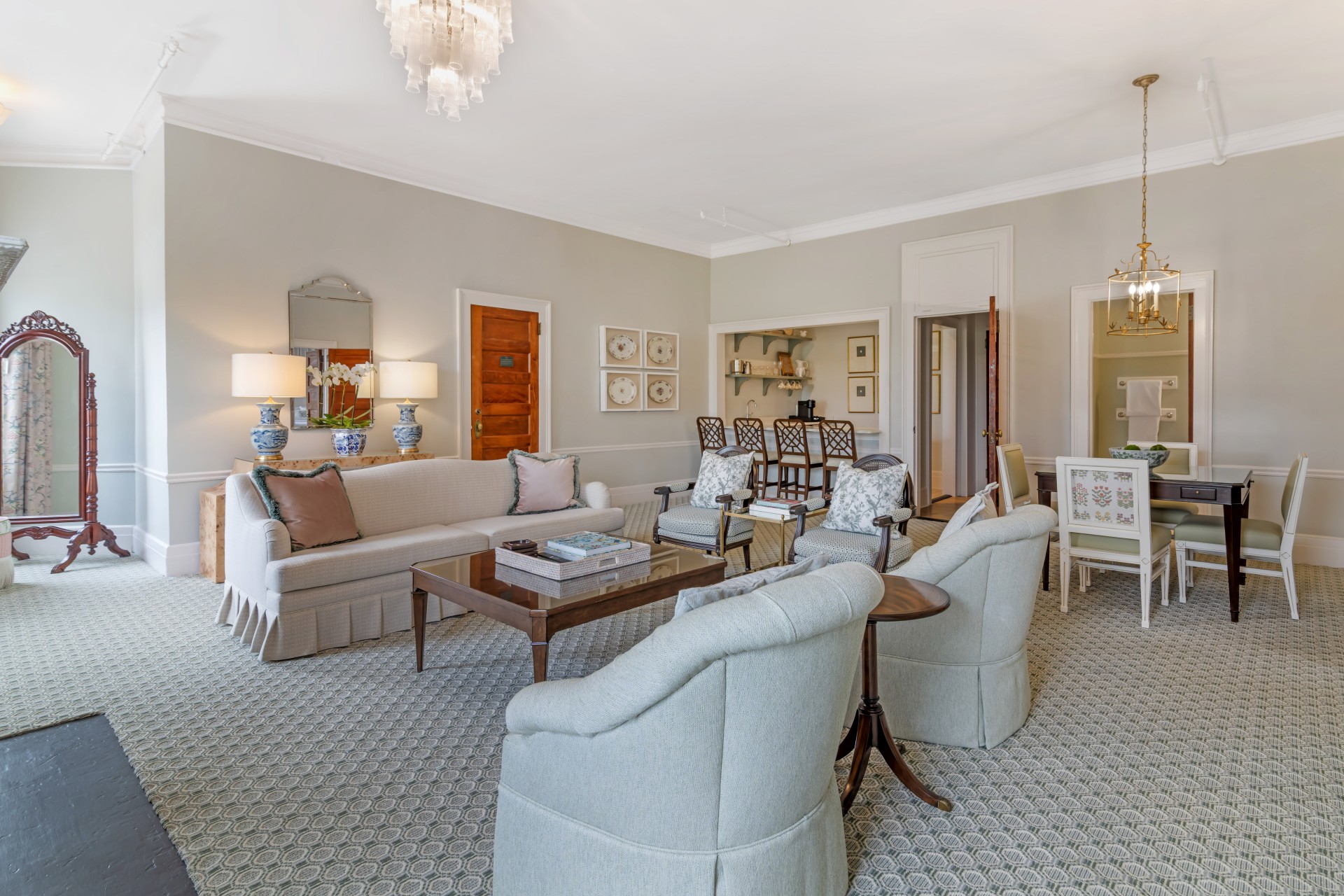 a living room with a couch and a table