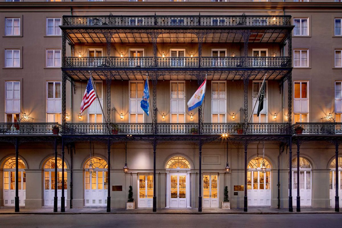 a building with flags on the front