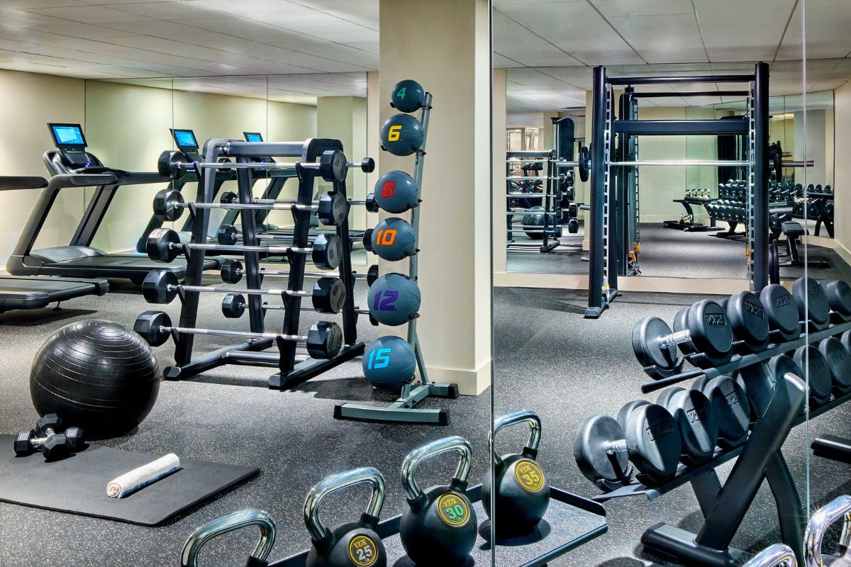 a collage of a gym with weights