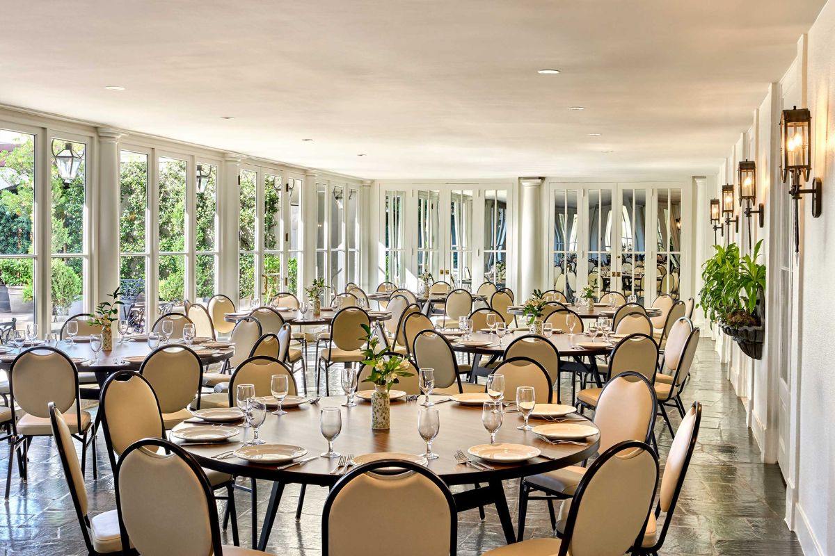 a room with tables and chairs