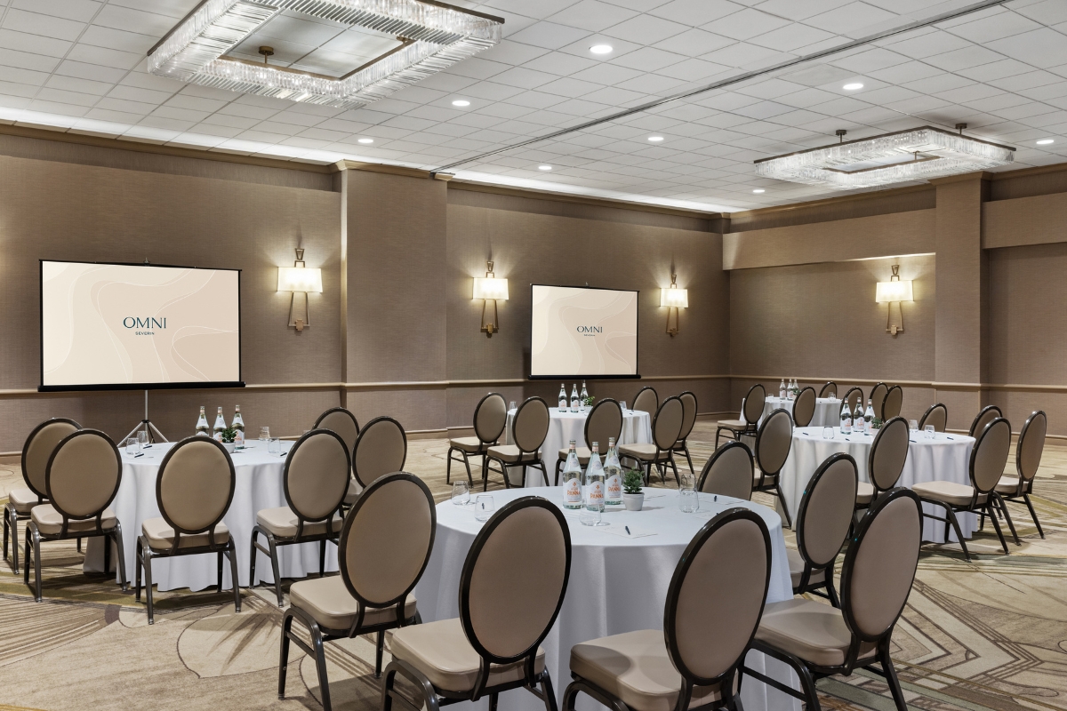 a room with tables and chairs