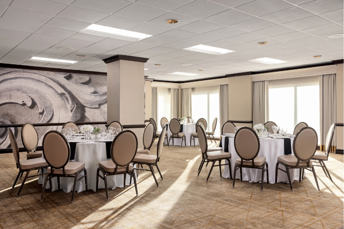 a room with tables and chairs