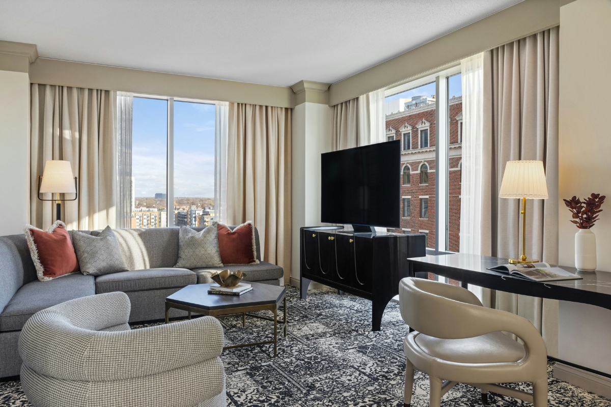 a room with a television and a table
