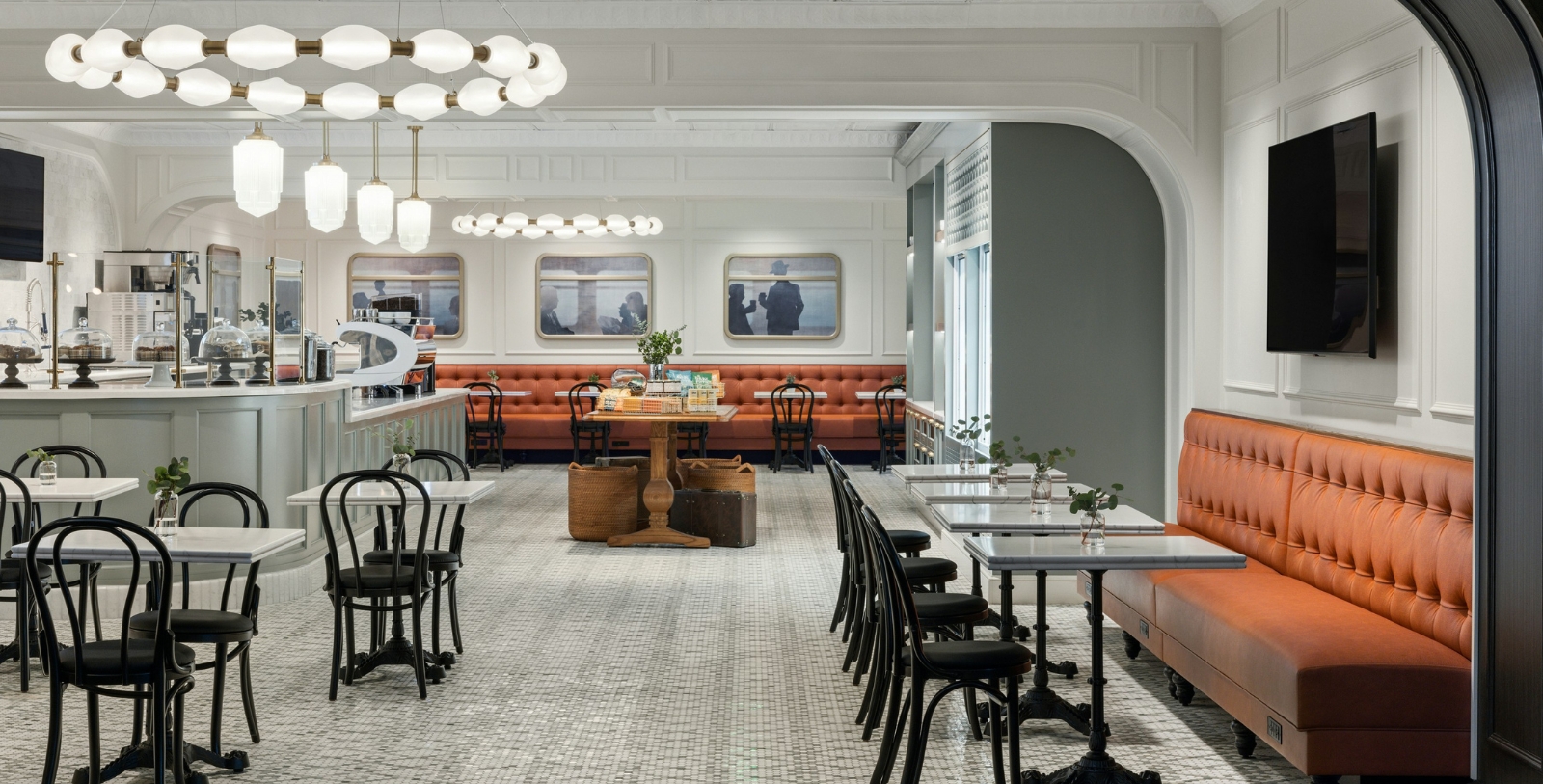 a room with tables and chairs