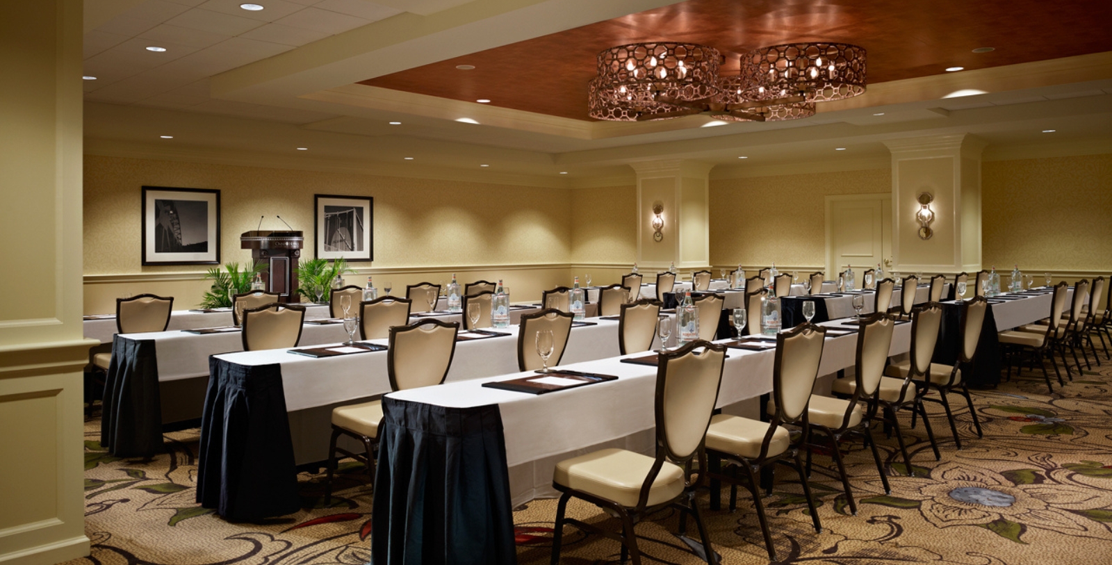 a room with tables and chairs
