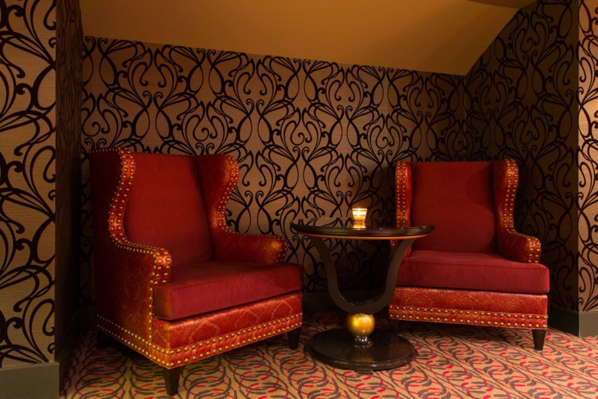 a red chairs and a small table