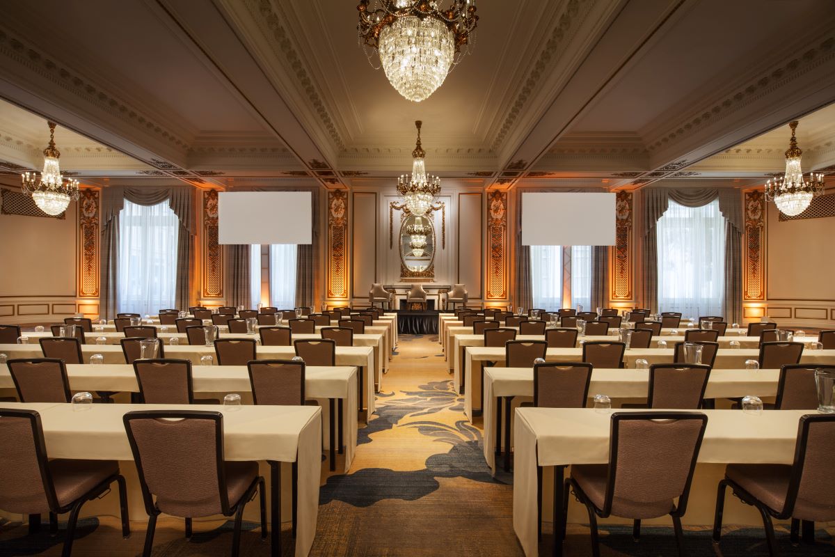 a room with tables and chairs