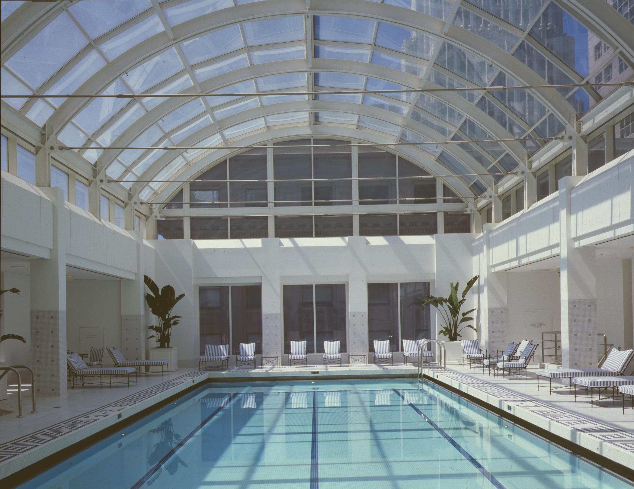 a swimming pool inside a building