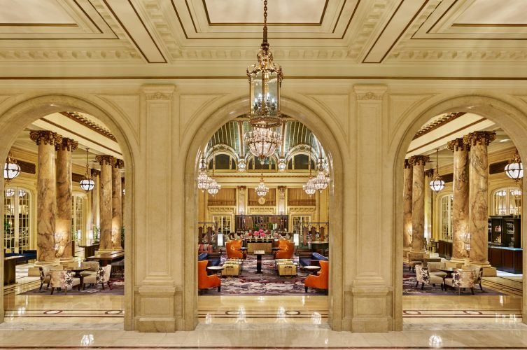 a large room with a large chandelier