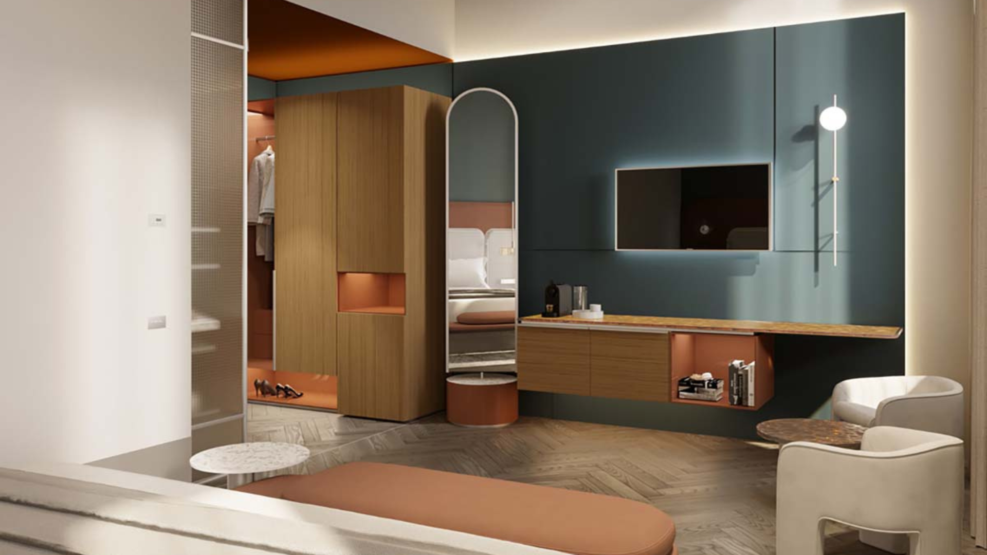 a room with a mirror and a bed