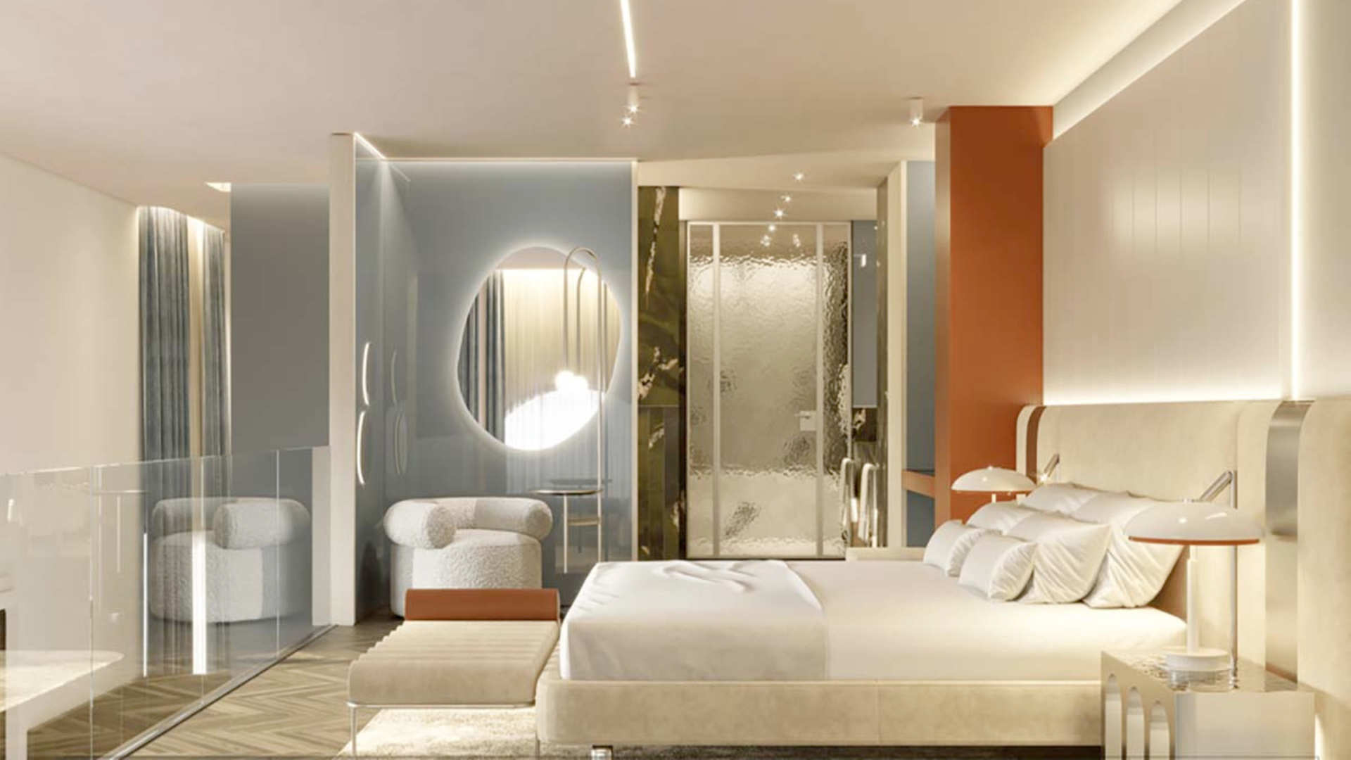 a bedroom with a bed and a shower