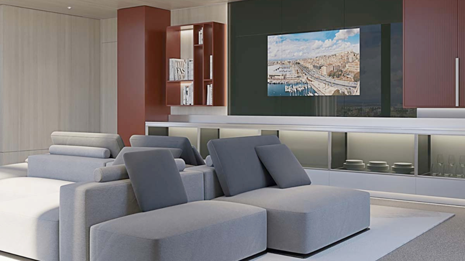a room with a couch and a picture on the wall