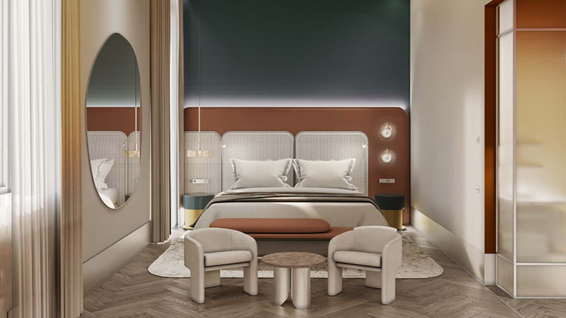a bedroom with a bed and chairs