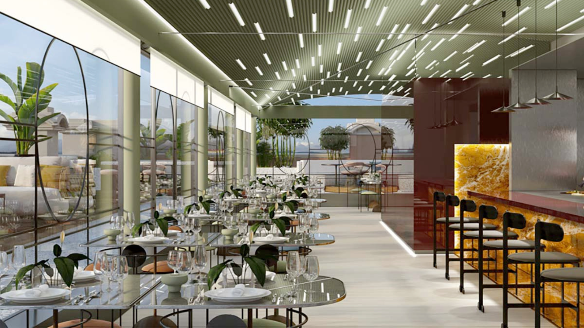 a restaurant with tables and chairs