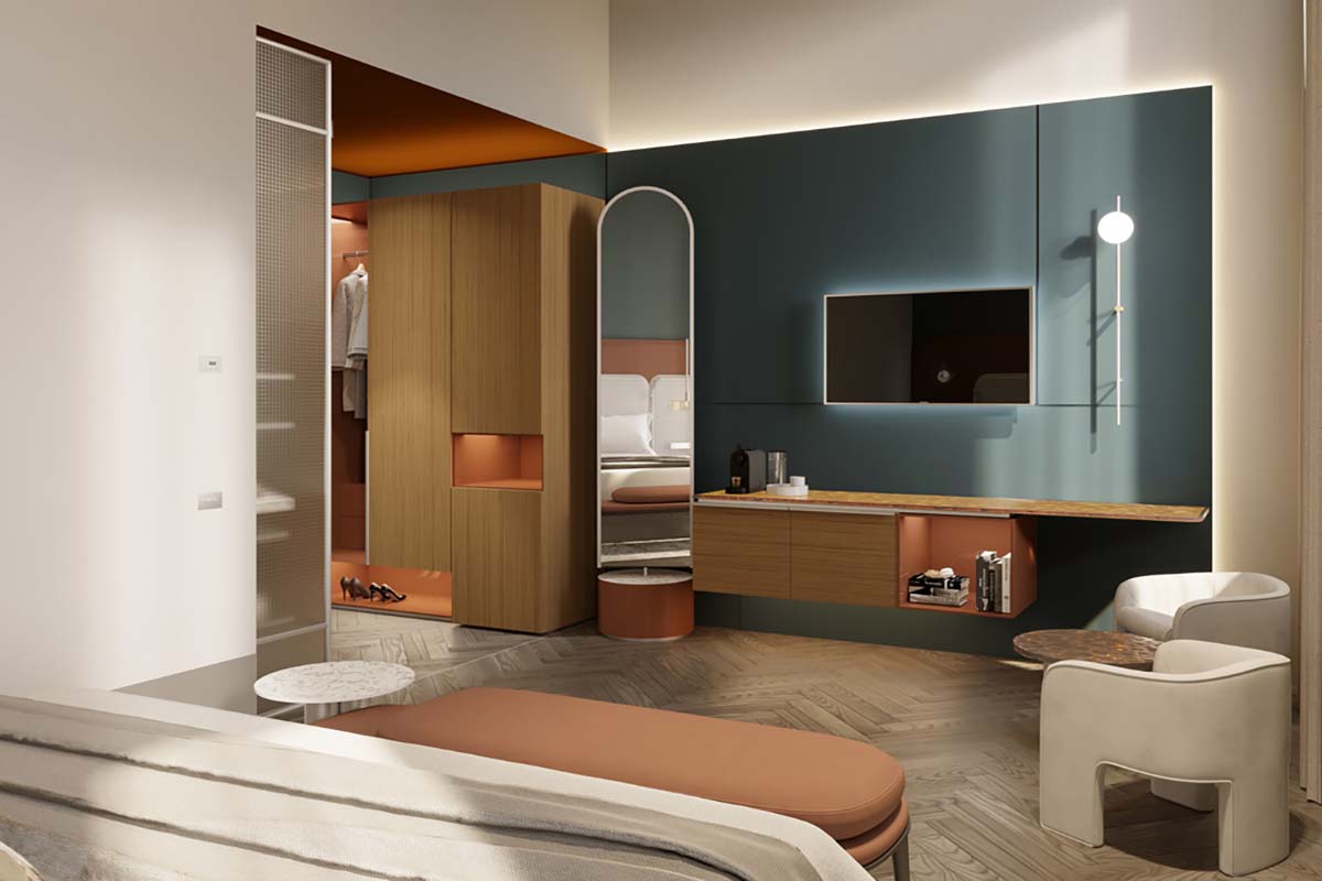 a room with a bed and a mirror