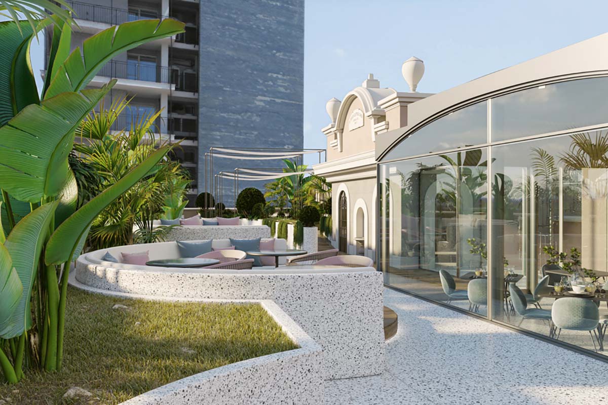 a building with a glass wall and a round table